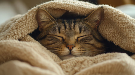 A cozy cat peacefully sleeping, wrapped in a soft blanket. This image captures the essence of comfort and tranquility in a domestic setting.の素材