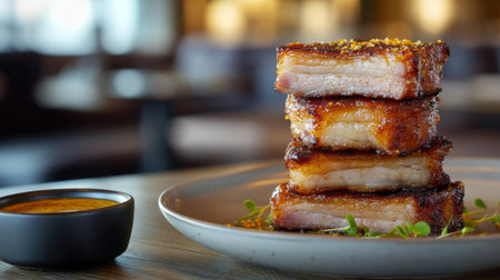 A beautifully presented stack of crispy pork roast served with a rich sauce. Perfect for gourmet dining and showcasing culinary skills.の素材
