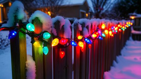 Bright and colorful holiday lights adorn a snowy fence during dusk, creating a festive and cozy atmosphere. Perfect for winter-themed projects and designs.の素材