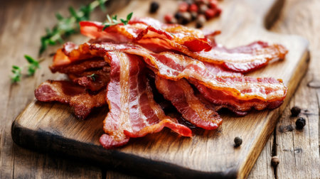 A mouthwatering display of crispy bacon strips on a rustic wooden cutting board, perfect for breakfast or as a savory snack. Ideal for food lovers.の素材