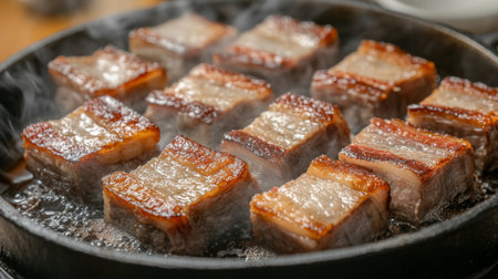 Close-up of crispy pork belly pieces sizzling in a skillet, showcasing texture and steam. Ideal for food photography or culinary promotions.の素材