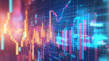 Dynamic and colorful data visualization showcasing financial metrics and performance trends, ideal for business analytics and technology themes.の素材