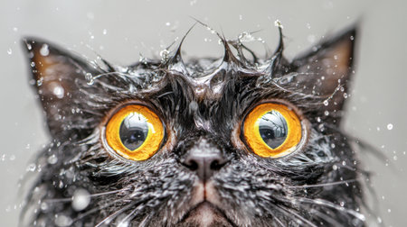 A striking close-up of a wet cat with large, expressive eyes. Water droplets cling to its fur, highlighting its curious and surprised expression. Perfect for animal lovers.の素材