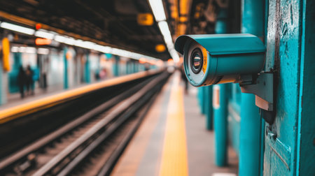 A security camera monitors a subway station platform, highlighting urban transport safety. The scene captures the essence of modern infrastructure and vigilant observation.の素材