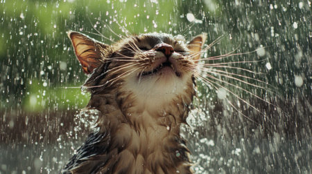 A delightful scene of a cat relishing the rain, eyes closed in bliss. Soft droplets cascade over its fur, symbolizing joy and freedom in nature's beauty.の素材