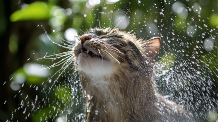 A playful cat stands in sunlight, enjoying a refreshing spray of water, capturing the joy of nature and the beauty of a summer day.の素材
