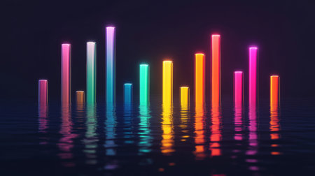 Vibrant sound wave visualization with colorful bars reflecting on a tranquil surface, evoking a sense of modernity and artistic expression in digital design.の素材