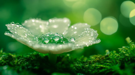 This closeup image captures a delicate flower petal adorned with dew, set against a vibrant green backdrop, creating a serene and fresh atmosphere.の素材