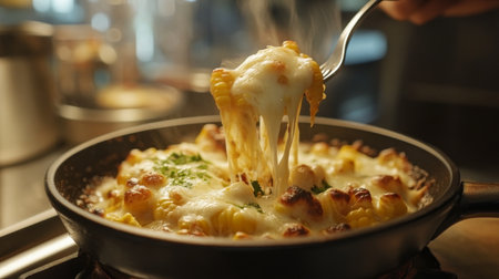 A mouthwatering close-up of creamy cheesy pasta being pulled with a fork, showcasing the luscious melting cheese and inviting texture. Perfect for food concepts.の素材