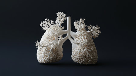 This visually striking sculpture represents human lungs, crafted in white, showcasing intricate textures and designs that highlight the anatomy of the respiratory system.の素材