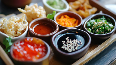 A vibrant assortment of sauces and fresh ingredients displayed on a wooden platter, ideal for culinary presentations and enhancing any meal.の素材