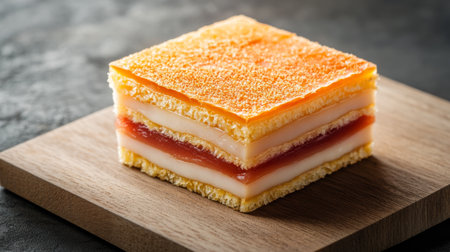 A beautifully presented layered dessert featuring creamy layers and vibrant jam. This indulgent sweet treat is perfect for any occasion or gathering.の素材
