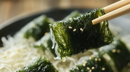 A vibrant close-up of a fresh seaweed dish served with noodles, garnished with sesame seeds. Perfect for showcasing healthy Asian cuisine.の素材