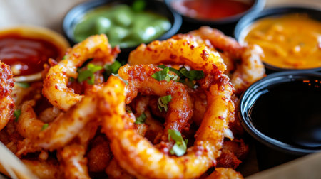 A tempting plate of crispy fried seafood served with vibrant dipping sauces. Perfect for appetizers or snacks, capturing a delightful gourmet experience.の素材