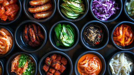 A vibrant display of various Korean side dishes arranged in bowls, showcasing fresh ingredients and rich colors that highlight culinary traditions.の素材