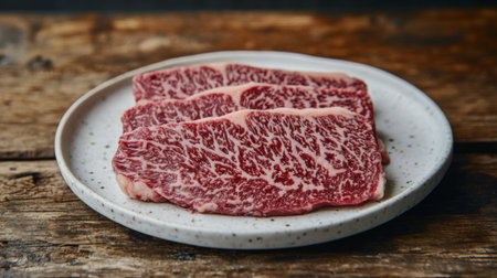 Discover the premium quality of fresh Wagyu beef slices featuring intricate marbling. Perfect for gourmet dishes or special occasions. Enjoy the rich flavor!の素材