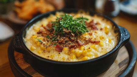 A delicious bowl of creamy macaroni and cheese topped with fresh herbs and crispy bacon, perfect for a comforting meal or side dish.の素材