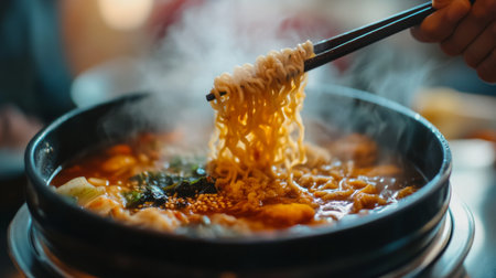 A steaming bowl of noodles being lifted with chopsticks, showcasing rich broth and fresh ingredients, perfect for a comforting meal on a chilly day.の素材