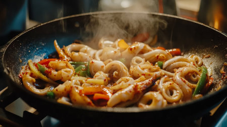 A sizzling skillet filled with vibrant seafood and fresh vegetables, creating an enticing culinary scene. Ideal for food enthusiasts and cooks.の素材