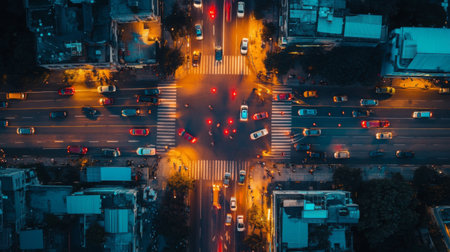 Captivating aerial view of a bustling urban intersection at night, showcasing the vibrant traffic, illuminated streets, and dynamic movement of city life.の素材