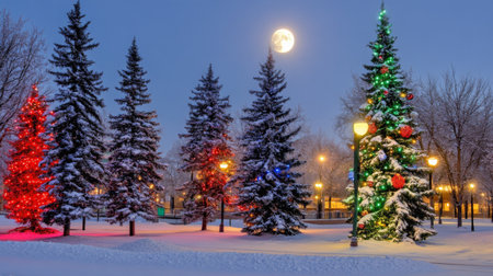 A serene winter night scene featuring colorful Christmas trees illuminated by lights. The snow-covered landscape creates a magical holiday atmosphere.の素材