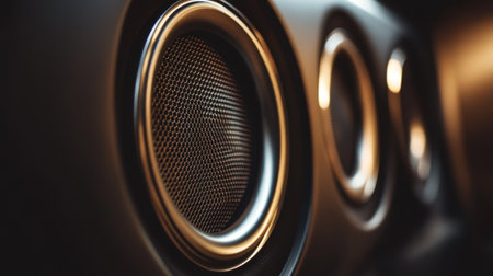 A close-up view of modern audio speakers showcasing their sleek design and textured grilles, perfect for themes related to music and technology.の素材