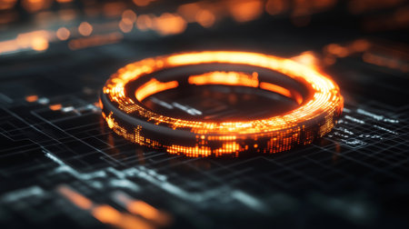 A glowing orange digital ring set against a dark background, representing technology and innovation. Ideal for high-tech and abstract themes.の素材