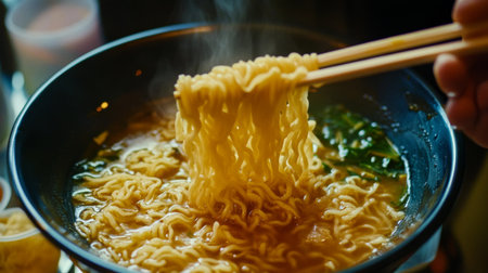 A steaming bowl of ramen noodles is served with fresh greens and flavorful broth, perfect for a cozy meal or a quick snack. Enjoy the comfort of this Asian delicacy.の素材