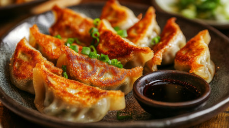 A tempting plate of crispy dumplings garnished with fresh herbs, served with a rich dipping sauce. Perfect for appetizers or a satisfying snack.の素材