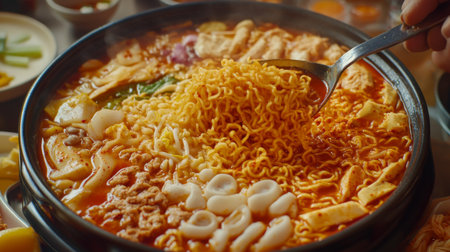 A vibrant bowl of spicy noodle soup showcasing a variety of fresh ingredients, perfect for a comforting meal, and ideal for food lovers.の素材