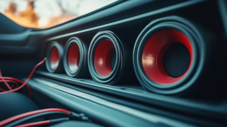Close-up of a modern car audio system featuring vibrant red speakers, showcasing a high-quality sound experience. Perfect for music enthusiasts.の素材