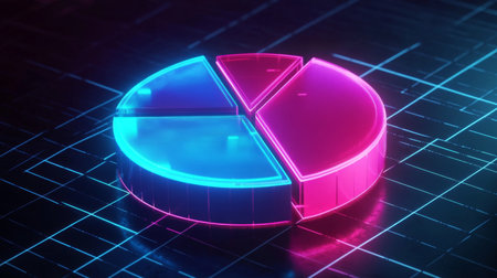 A vibrant neon pie chart set against a digital background, symbolizing data analysis and visualization in a modern business context.の素材