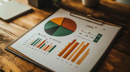 A close-up view of colorful data visualizations on a clipboard, showcasing graphs and charts. This image represents business analysis, office workspace, and decision-making processes.の素材