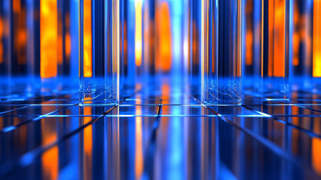 Captivating abstract image showcasing glass structures illuminated by vibrant blue and orange light. The reflections and patterns create a dynamic visual experience.の素材