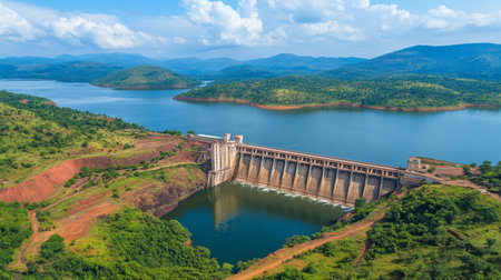 Aerial view of a modern dam surrounded by lush greenery and a tranquil lake, showcasing the harmony between engineering and nature in a scenic landscape.の素材