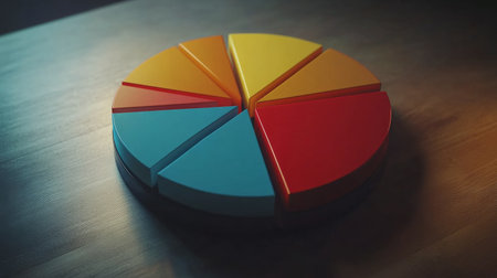Colorful pie chart with vibrant segments displayed on a table, ideal for showcasing data analysis and business presentations in a creative and engaging manner.の素材