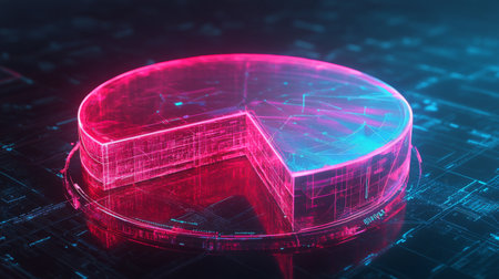 Futuristic neon pie chart showcasing data visualization, ideal for finance or tech-related projects. This graphic represents analytics and modern design.の素材