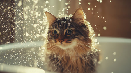 A fluffy cat caught in a refreshing shower, surrounded by sparkling water droplets. This adorable scene captures the playful and curious nature of pets.の素材