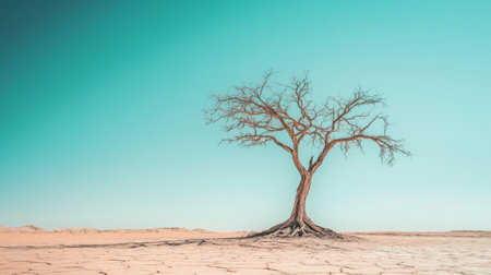 A striking image of a solitary tree on cracked, dry ground under a vibrant blue sky. This scene captures the essence of resilience in arid environments.の素材