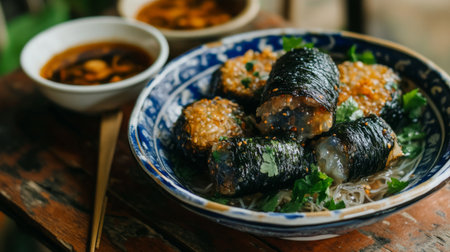 Explore a vibrant dish featuring seaweed rolls filled with rice and herbs, perfect for a healthy meal or snack. Ideal for Asian cuisine lovers.の素材