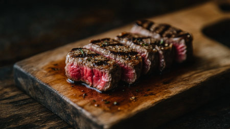 This image showcases a perfectly grilled steak sliced and presented on a rustic wooden board, highlighting its juicy texture and rich flavor. Ideal for food enthusiasts.の素材