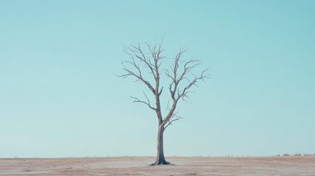 A striking image of a lonely tree standing in a vast, barren landscape under a clear blue sky, embodying solitude and tranquility in nature.の素材
