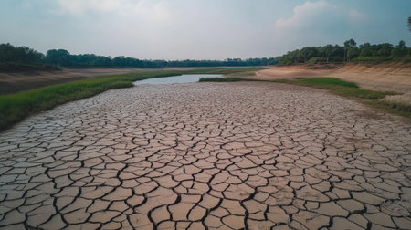 A stunning view of a drought-affected landscape featuring cracked earth and sparse vegetation. This image highlights the impact of water scarcity and environmental change.の素材