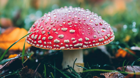 A striking red mushroom adorned with dewdrops rests on lush green grass, highlighting nature's beauty and intricate details in a peaceful forest setting.の素材