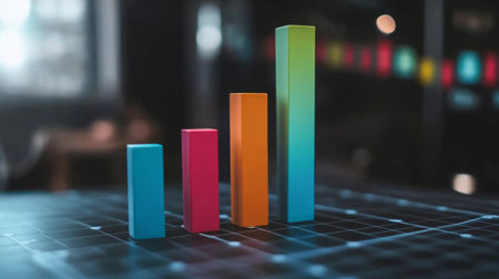 A vibrant display of colorful bar graphs on a modern desk, symbolizing data analysis and business growth. Ideal for marketing and finance visuals.の素材