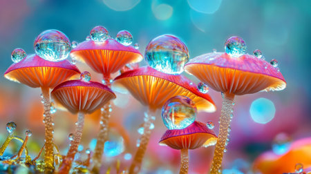 A stunning close-up of colorful mushrooms adorned with dew drops. This vibrant image captures the beauty of nature, highlighting delicate details and soft lighting.の素材