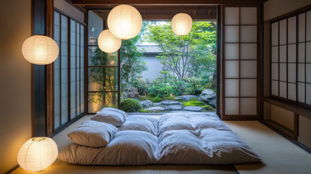 A serene Japanese sleeping area with soft cushions and glowing lanterns, offering a peaceful view of a garden, ideal for relaxation and tranquility.の素材