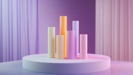 A modern and artistic display of colorful cylindrical shapes in pastel tones against a soft backdrop, creating a vibrant and minimalistic composition.の素材