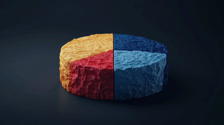 A vibrant 3D pie chart with bold colors set against a dark background, perfect for visualizing data in presentations, reports, or marketing materials.の素材