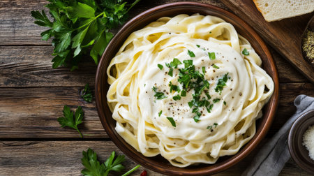 A mouthwatering bowl of creamy fettuccine pasta topped with fresh herbs on a rustic wooden table, perfect for a comforting meal or dinner gathering.の素材